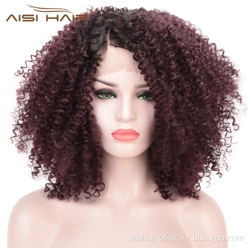 Aisi Hair 14 Inch Short Ombre Brown Dark Root Wig Afro Kinky Curly Lace Front Wig Synthetic Front Lace Hair Wigs For Black Women